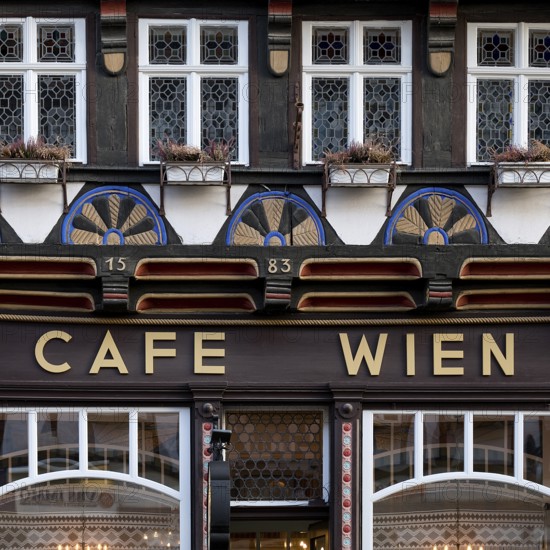 Half-timbered house from 1583, listed building, Cafe Wien, Old Town, Wernigerode, Harz,