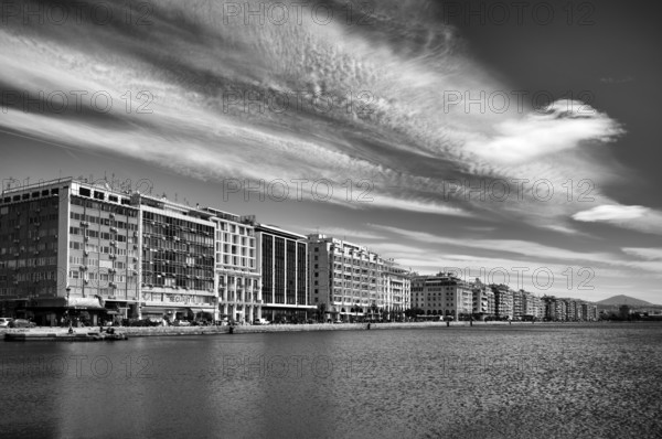 Old harbour, view of waterfront, skyline of Thessaloniki, black and white, Thessaloniki, Macedonia,