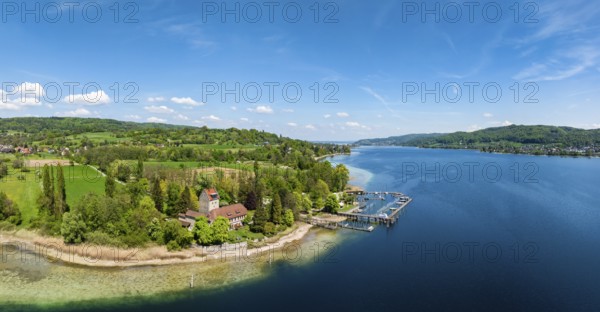 Aerial view, panorama of Oberstaad Castle, also Jacques Schiesser House on the southernmost part of