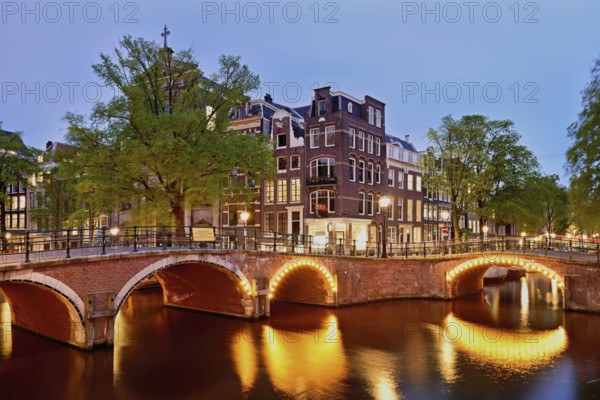 Prinsengracht canal in the evening light after sunset, Amsterdam, North Holland, Netherlands