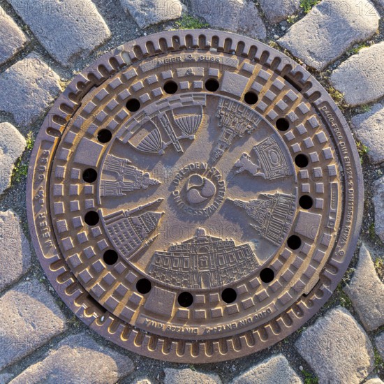 Canal cover in the historic city centre with the most important sights of the city, Dresden,