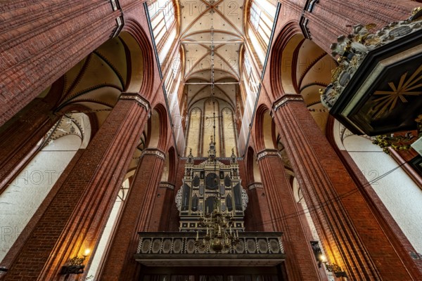 Interior and organ of St Nicholas' Church in the Hanseatic city of Wismar, Mecklenburg-Western
