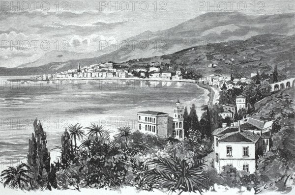 General view of Mentone, Menton, around 1890, in southern France, digital reproduction of an