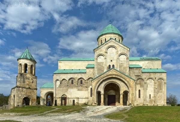 South façade of Bagrati Cathedral, Kutaisi Cathedral, and historic bell tower, Kutaisi, Imeretia,