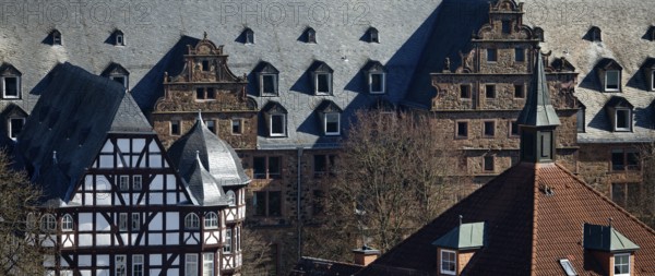 View from the city church tower to the New Palace and the armoury of Justus Liebig University,