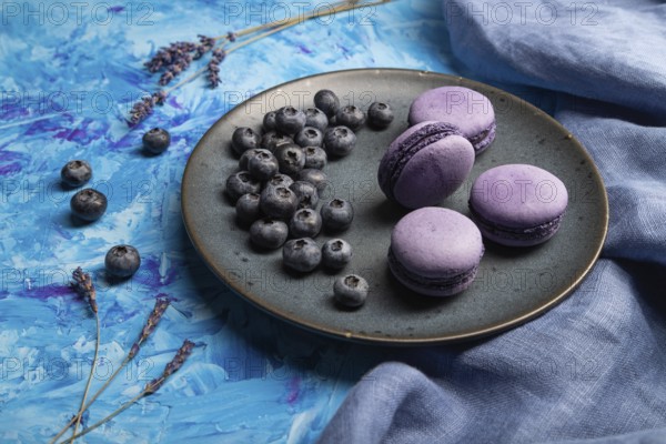Purple macarons or macaroons cakes with blueberries on ceramic plate on a blue concrete background