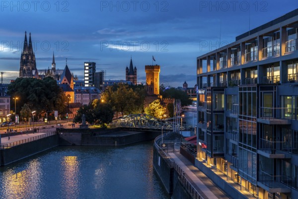 Skyline with Cologne Cathedral, Groß St. Martin Catholic Church, Malakoff Tower, Rheinauenhafen
