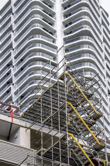 Facade of the Grand Tower building, in Frankfurt am Main, green facade, residential building,