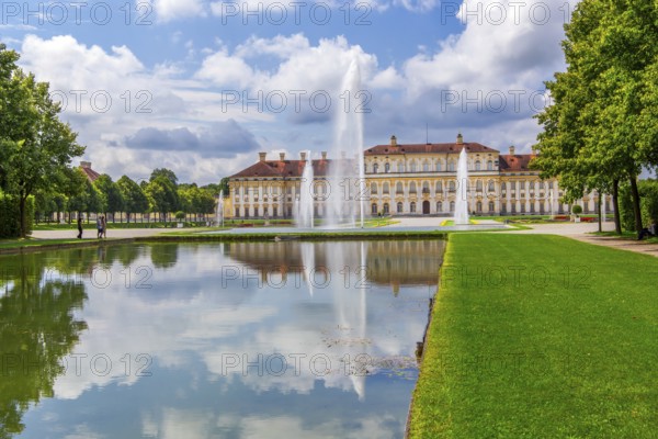 Garden parterre with fountain in front of the New Palace in the Schleissheim Palace complex,