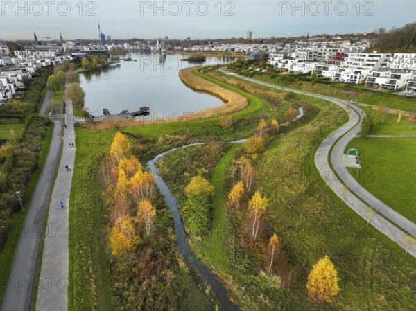 Dortmund, North Rhine-Westphalia, Germany, Phoenix Lake, front of the renaturalised Emscher. The