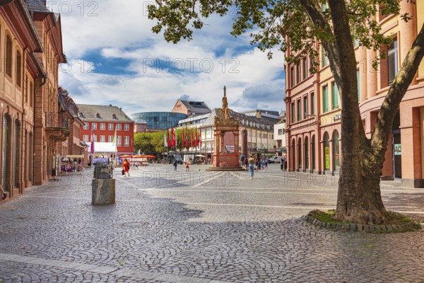 St Martin's Cathedral and Renaissance market fountain in Mainz, Rhineland-Palatinate, Germany,