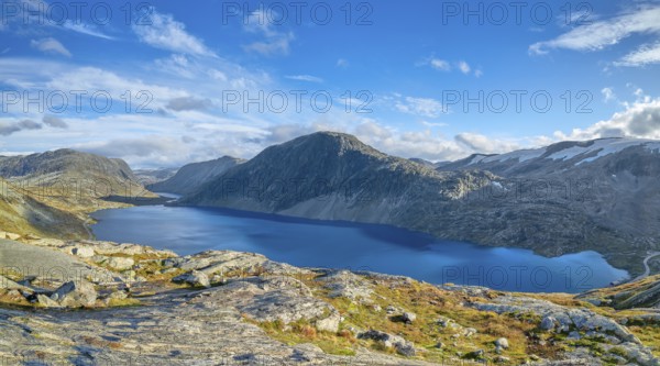 View of lake Djupvatnet, Dalsnibba pass road, mountain, autumn, Geiranger, Møre og Romsdal,