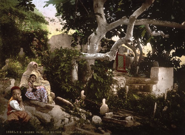 Moorish family in the cemetery, Algiers, Algeria, ca 1890, Historical, digitally restored