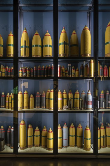 British and German WW1 colour coded artillery shells at WWI Passchendaele Museum about the Third