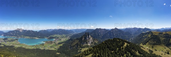 Drone shot, view from the summit of the Bleckwand to the Wolfgangsee, Osterhorngruppe,