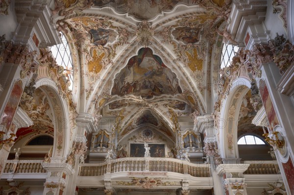 Interior photograph of organ loft, organ, abbey organ, abbey basilica, abbey church, monastery