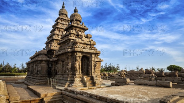Panorama of famous Tamil Nadu landmark, Shore temple, world heritage site in Mahabalipuram, Tamil