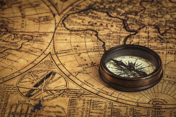 Travel geography navigation concept background, old vintage retro compass on ancient world map