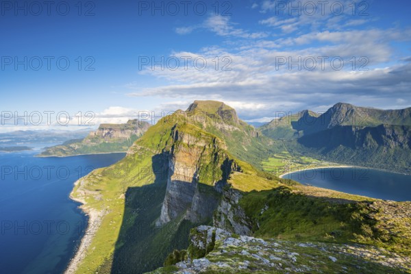 View from Finnesfjellet mountain to mountains and coast, evening Finnes, Helgeland coast, Bodø,