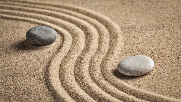 Japanese Zen stone garden, relaxation, meditation, simplicity and balance concept, panorama of
