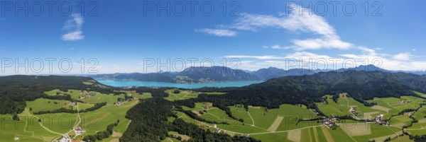 Drone shot, panorama shot, agricultural landscape, Oberaschau with Attersee and Höllengebirge,