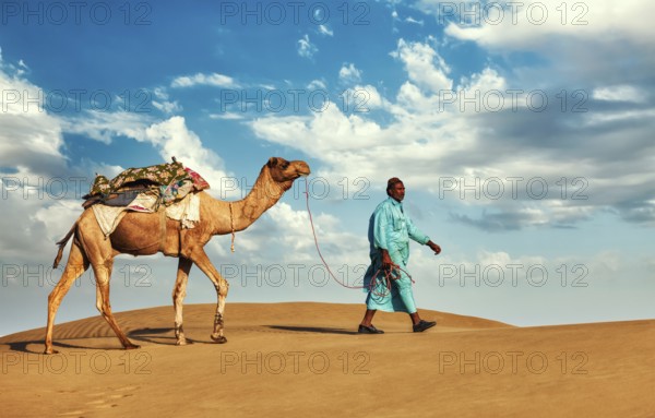 Rajasthan travel background, Indian cameleer (camel driver) with camels in dunes of Thar desert.
