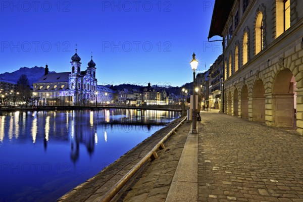 Jesuit Church, light installation at dusk, Old Town, Lilu, Light Festival 2023, Lucerne, Canton of
