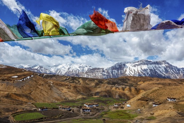 Buddhist prayer flags lungta with Om mani padme hum. . mantra written on them in sky over Comic