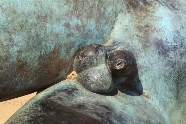 The sculpture of the crashed Icarus by artist Igor Mitorgi, installed in 2012, detail genital,