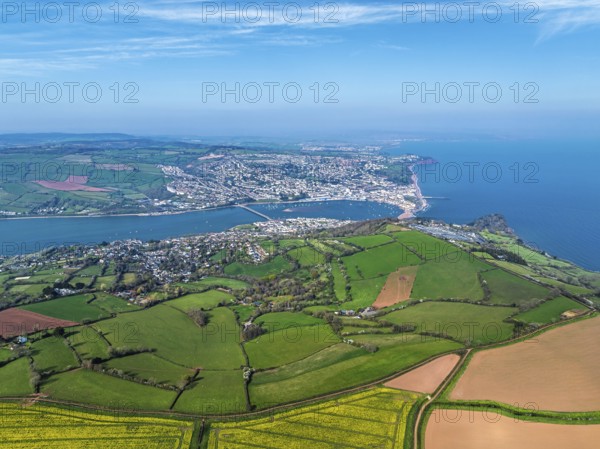 Rapeseed fields over the River Teign from a drone, Teignmouth, Shaldon, Devon, England, United