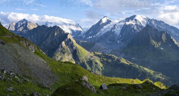 Mountain landscape at sunset at the Cabane de Louvie, summit Grand Combin de Grafeneire, Fionnay,