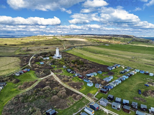 Portland Bird Observatory from a drone, Bill Lighthouse, Portland Bill, Isle of Portland, Dorset,
