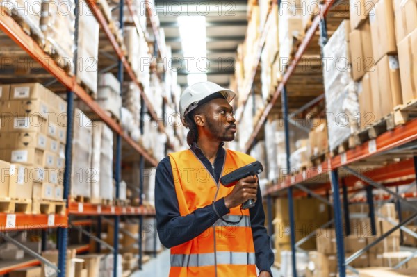 Frontal view of a concentrated african male worker using wireless scanner doing inventory in