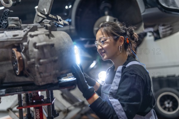 Skilled female mechanic wearing safety glasses and earplugs, meticulously inspecting a gearbox in a
