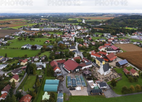 Drone image, residential buildings, view of village with church, Antiesenhofen, Innviertel, Upper