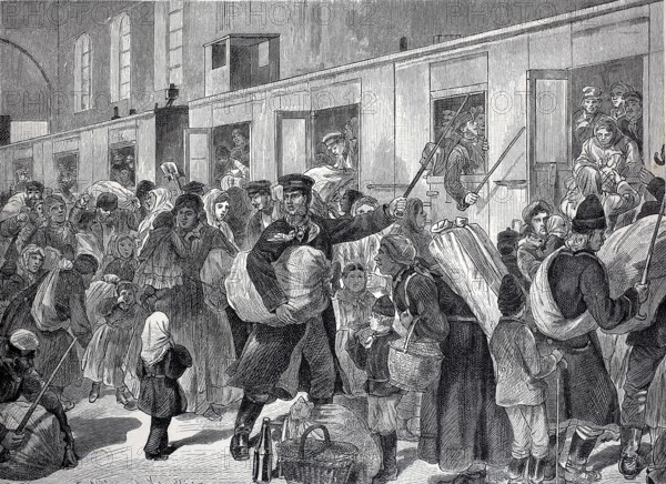 Emigrants, an emigrant train in Berlin in the 19th century, Germany, digital reproduction of an