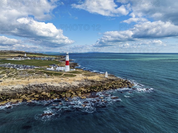 Portland Bill Lighthouse from a drone, Portland Bill, Isle of Portland, Dorset, England, United
