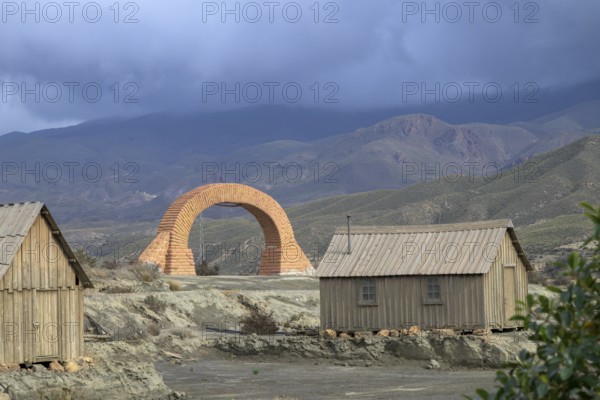 Stone arch and hut from the film Spiel mir das Lied vom Tod, western village Fort Bravo or Texas