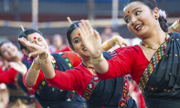 Participants with instructors dance on the final day of a Bihu dance workshop ahead of Rongali Bihu