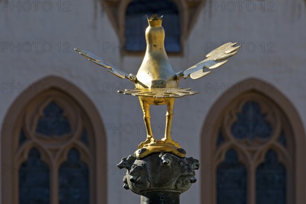 Gilded imperial eagle as a fountain eagle on the market fountain in front of the town hall, Old