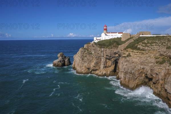 Sagres, Algarve, Portugal - Lighthouse at the Cap de Sao Vicente. Historical sight. Rocky headland