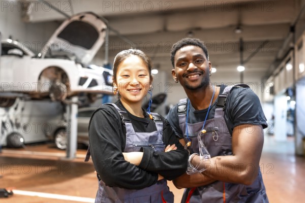 Two smiling mechanics with arms crossed, showcasing confidence and professionalism in a busy car
