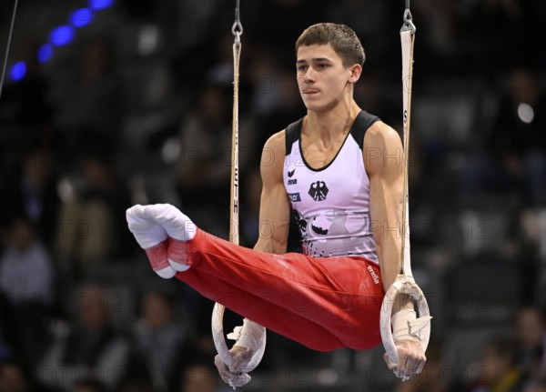 Timo Eder GER rings action gymnastics, EnBW DTB-Pokal, Porsche-Arena, Stuttgart, Baden-Württemberg,