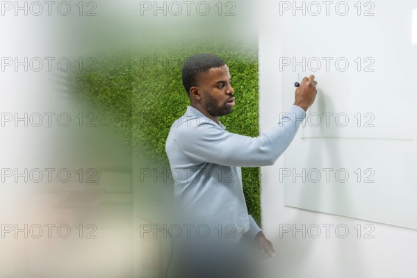 Manager drawing graph on whiteboard during a presentation in modern coworking office with green