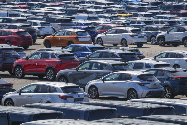 Duisburg, North Rhine-Westphalia, Germany - New cars, transhipment centre, car terminal in Duisburg