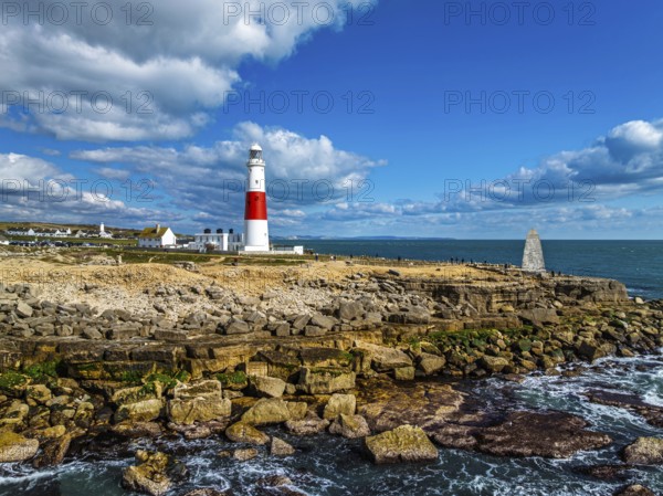 Portland Bill Lighthouse from a drone, Portland Bill, Isle of Portland, Dorset, England, United