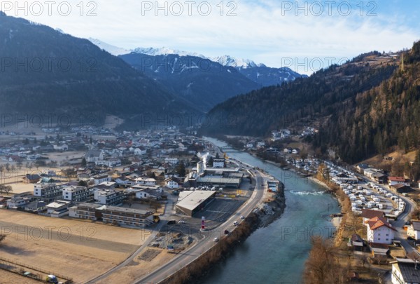 Drone shot, view of village with parish church, Prutz, Kaunertal, Inntal, Inn, Tyrol, Austria,