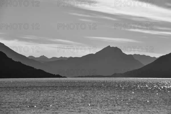 Black and white photograph of Lake Huechulafquen in the Andes in Lanin National Park, Patagonia,