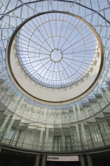 Kunsthalle Schirn with round glass dome, glass window, glass building, inscription, modern