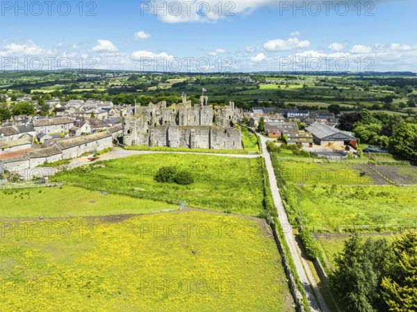Middleham Castle from a drone, Middleham, Wensleydale, North Yorkshire, England, United Kingdom,